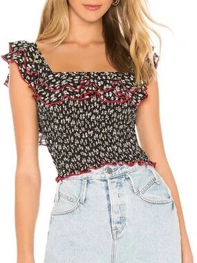 LIKELY Black and Red Floral Smocked Crop Top